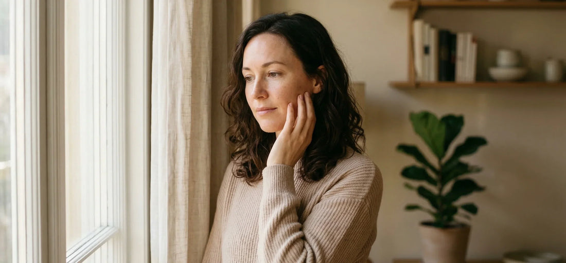 Ženska z občutljivo kožo v mirnem trenutku, ki ponazarja povezavo med stresom in kožo