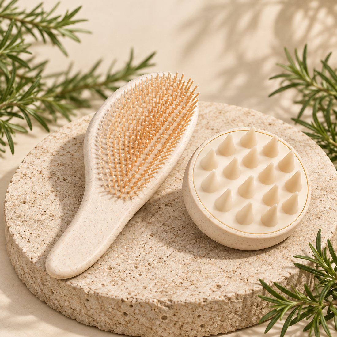 Wet detangler brush and scalp massager on a stone plate